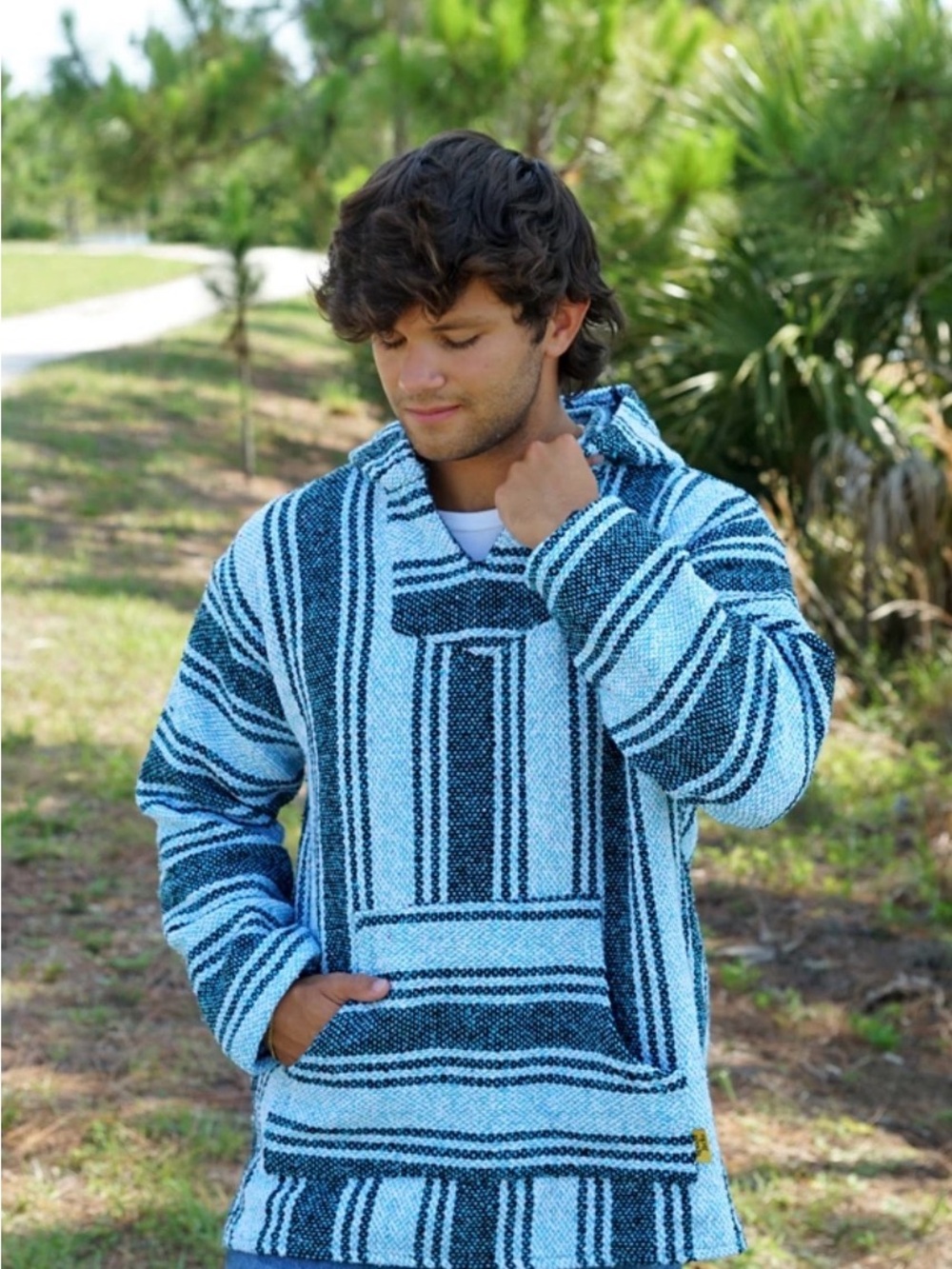 Men's Blue Striped Baja Hoodie Sweater